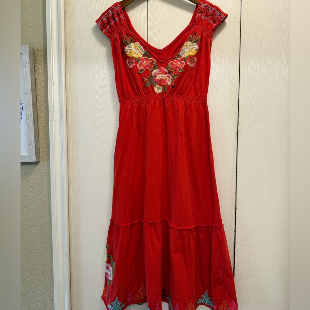 Johnny Was Red Floral Embroidered Midi Dress Cap Sleeves Size Small